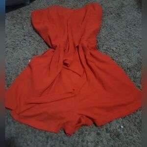 Express Orange strapless Ruffle detail pockets romper